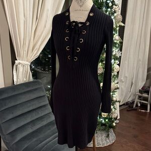 Etcetera Elegant Black Lace-Up Fitted Dress Longsleeve Ribbed Gold Metal X-Small
